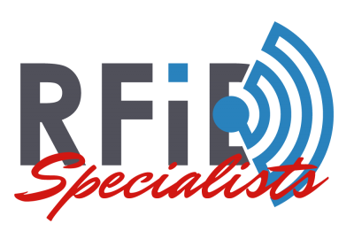 Logo that says RFID "Specialists" translucent background with dark brown and red writing